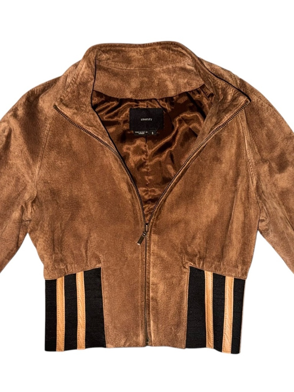 Cognac Suede Bomber Jacket with Striped Elastic Waist - Picture 2 of 11